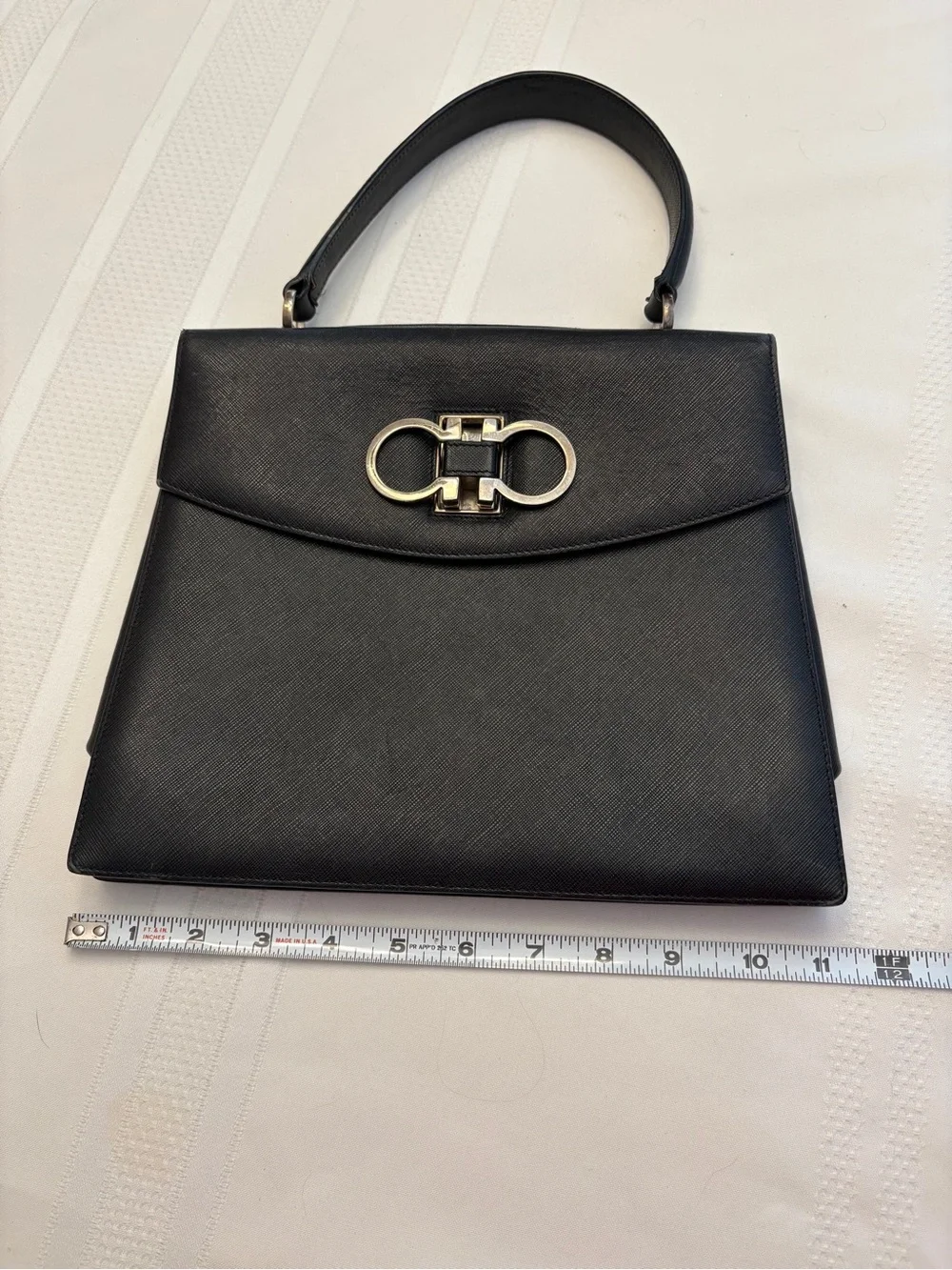 Salvatore Ferragamo Double Gancini Top Handle Black Leather Bag Made in Italy